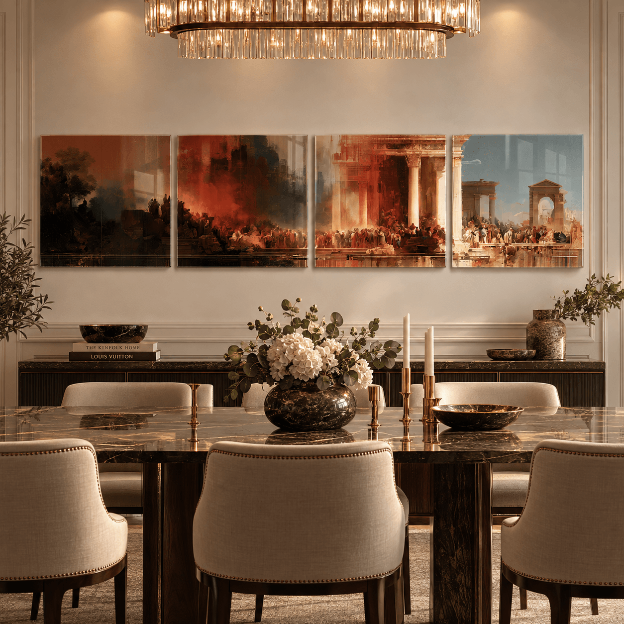 Classical Roman scene glass wall art above a marble dining table under a crystal chandelier